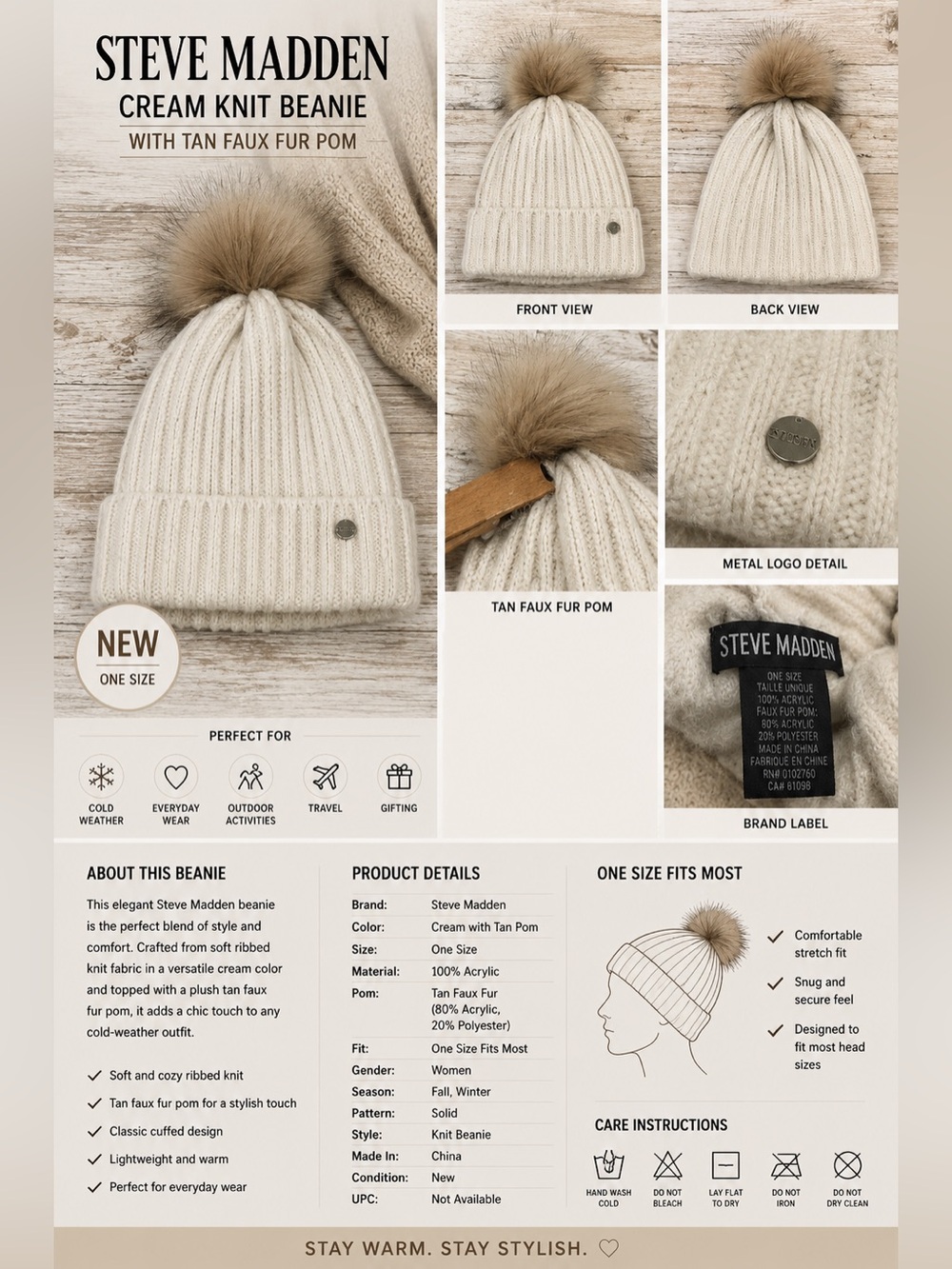 Steve Madden Cream Knit Beanie with Tan Faux Fur Pom NEW One Size